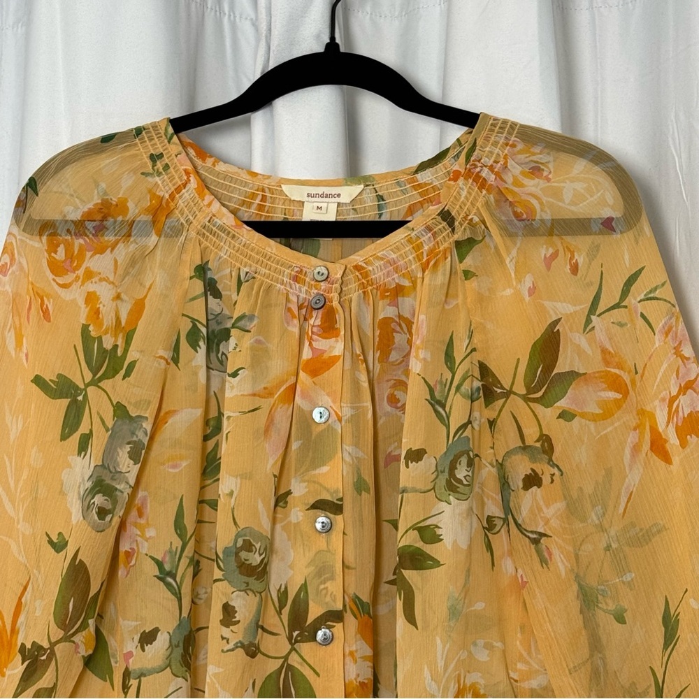 Sundance 100% Silk Floral Blouse Women’s Medium Yellow Boho Peasant Long Sleeve - Picture 4 of 11